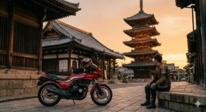 総本山善通寺の荘厳な風景と、香川に到着した赤いバイク(GPz400)