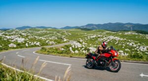 四国カルストの雄大な自然の中を疾走する赤いバイク(GPz400)
