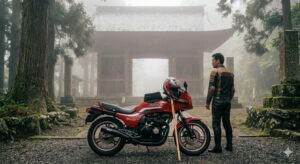 四国八十八箇所結願の寺・大窪寺の仁王門前に到着した赤いバイク(GPz400)